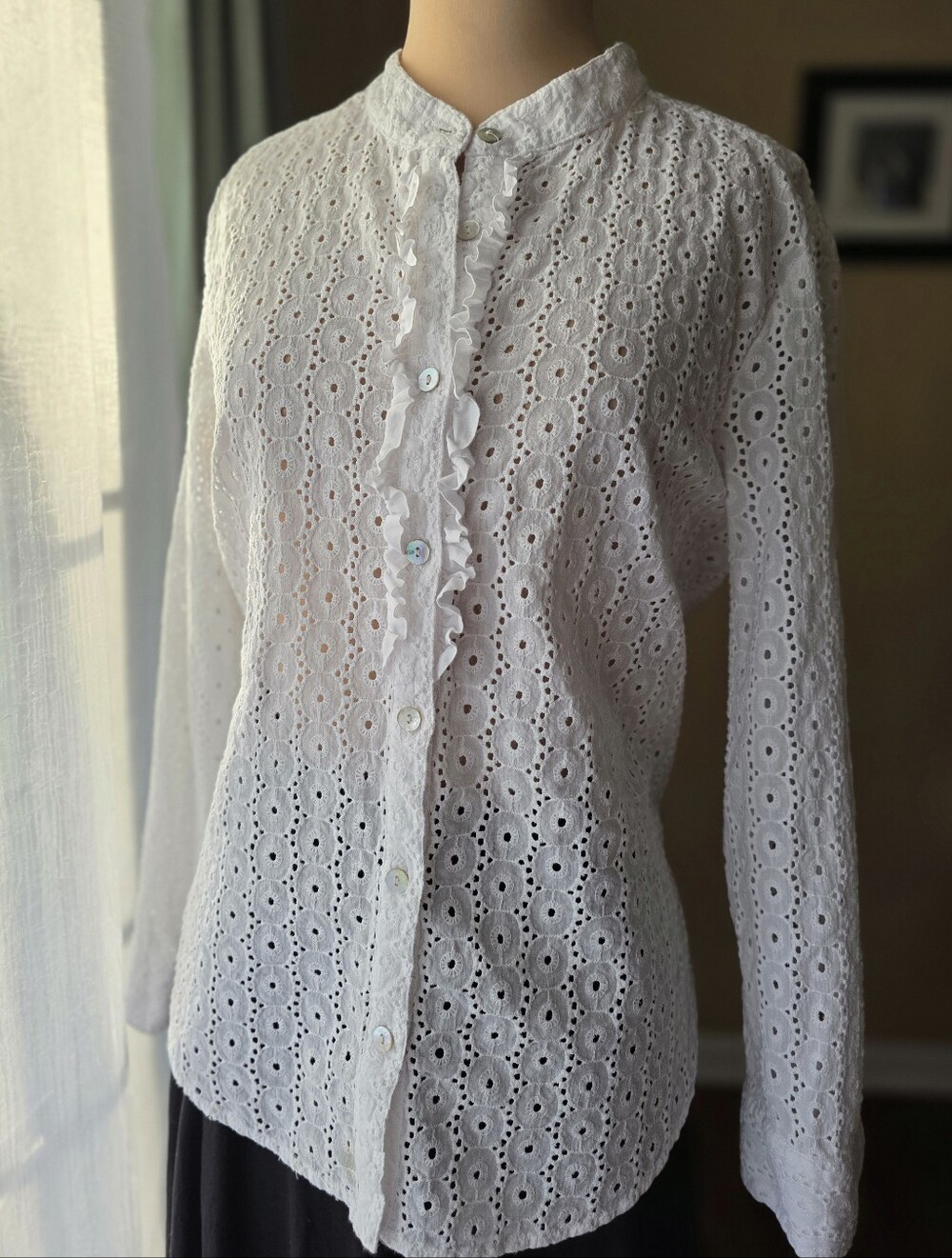 Ruby Road White Cotton Eyelet Ruffle Button Down Shirt Embroidered Blouse Large